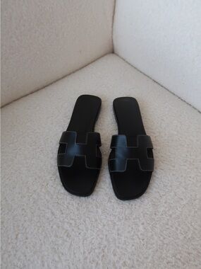 Hermes Black Leather Oran Slide Sandals